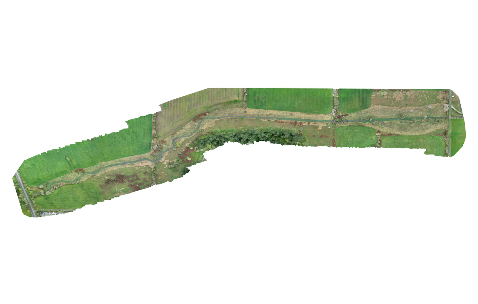 Drone-derived orthomosaic of a creek and surrounding farmland
