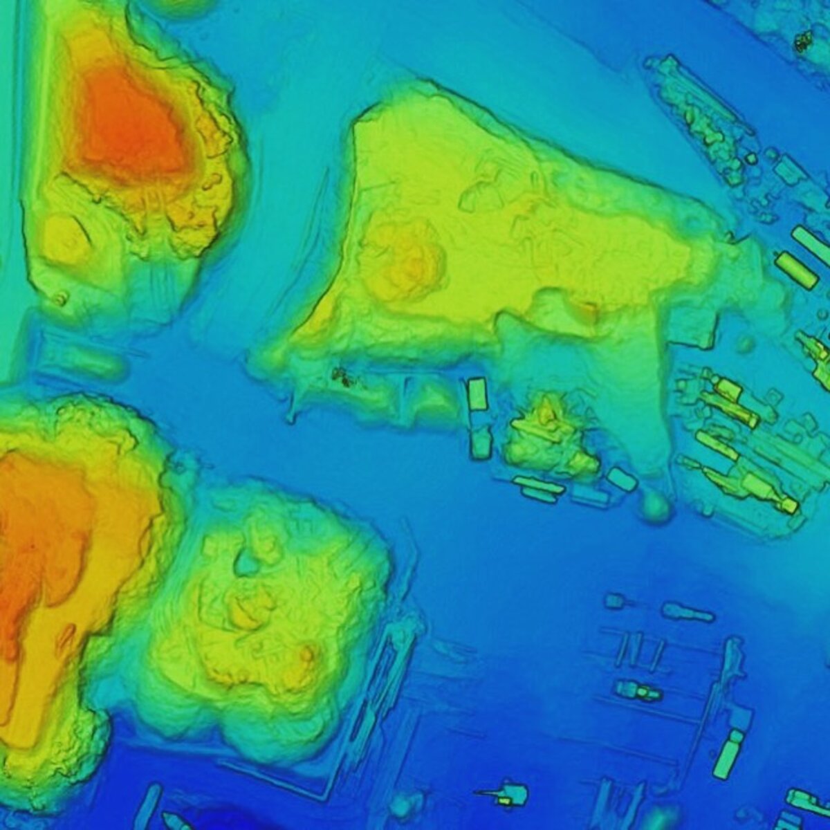 False-colour elevation visualization of a landscape from drone-derived LiDAR
